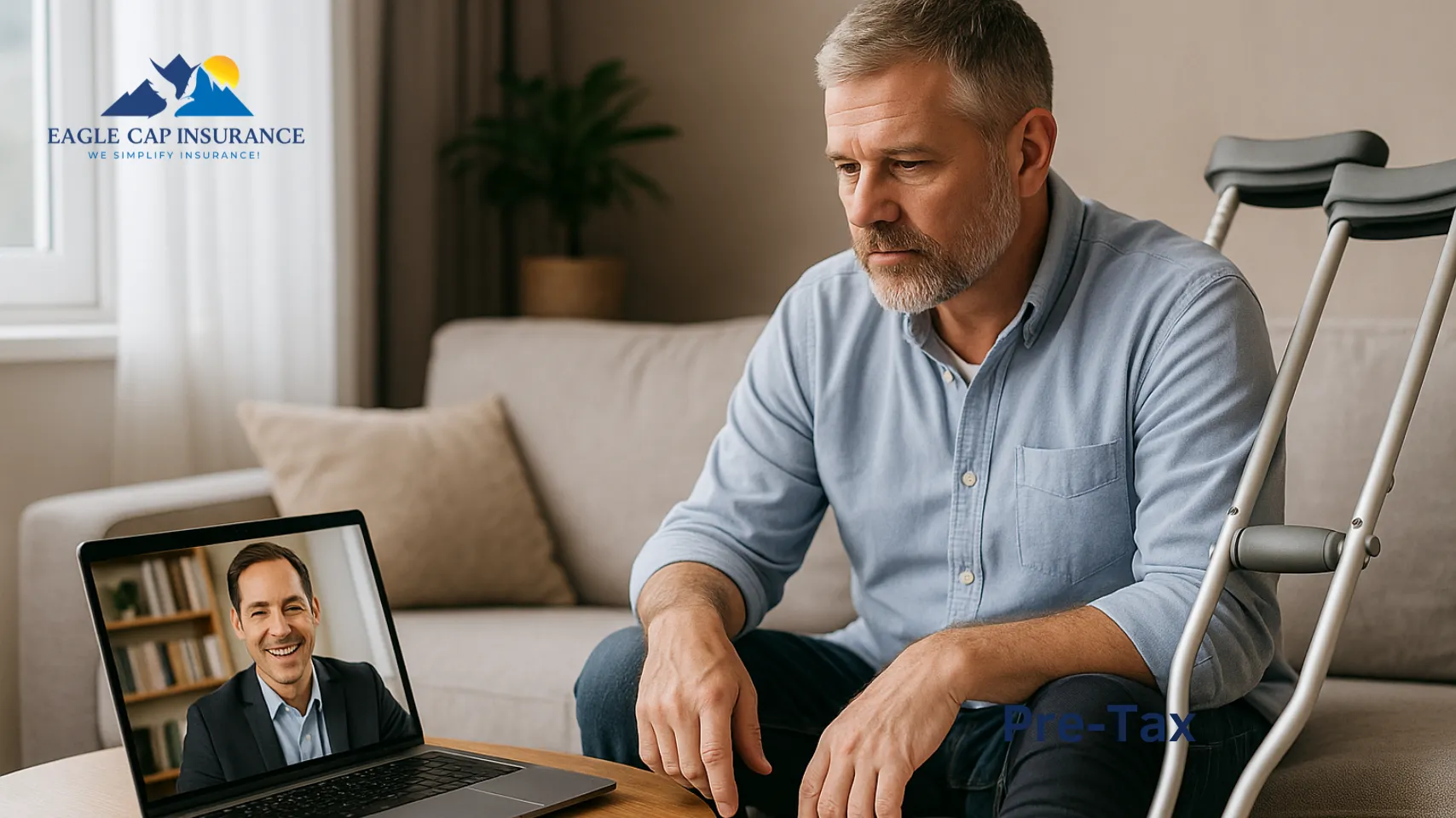 Middle-aged Idaho Falls worker on crutches at home video-calling local insurance agent for disability coverage assistance