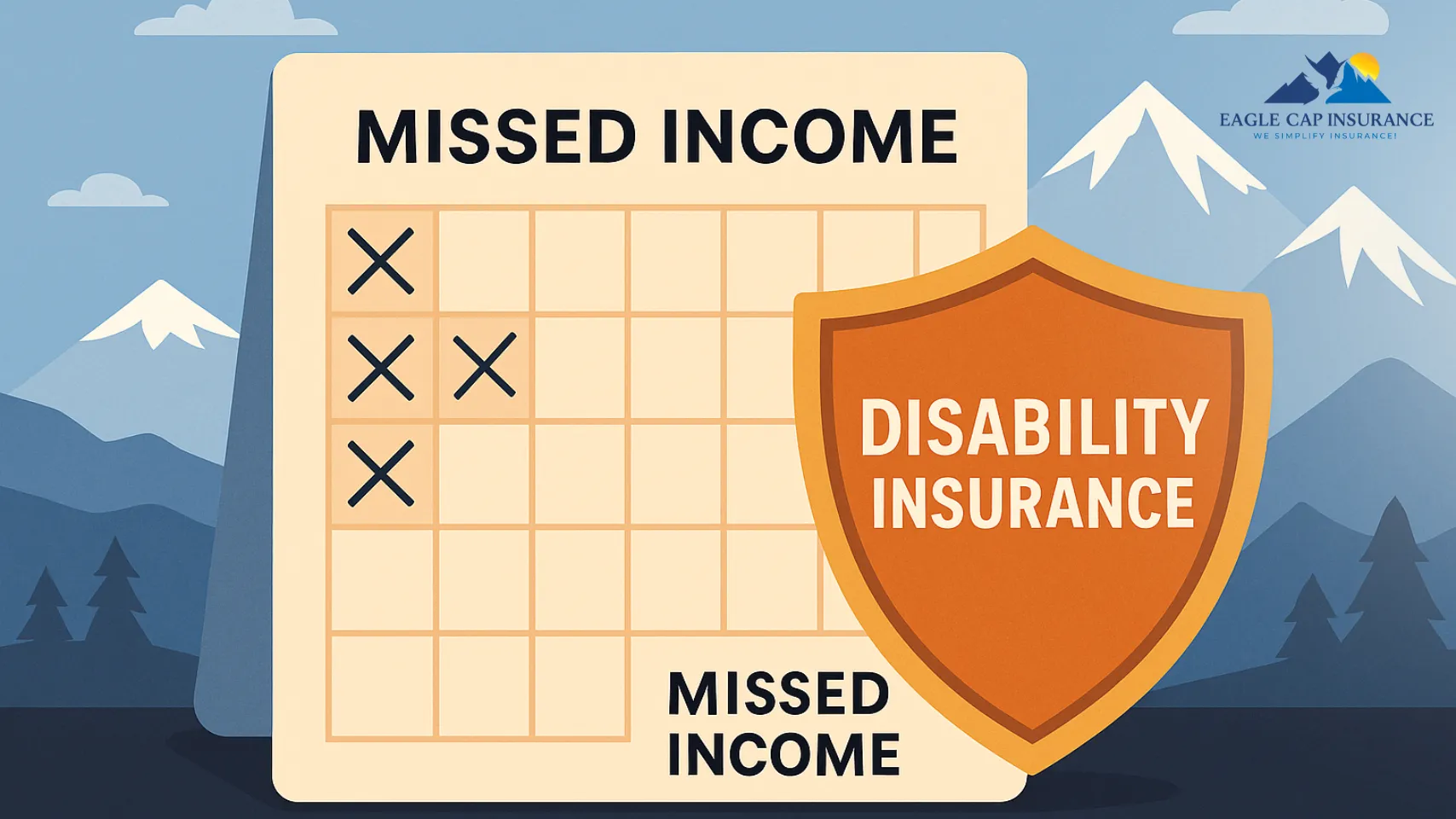 Idaho disability insurance infographic showing missed income on calendar with shield overlay—income replacement visual for workers
