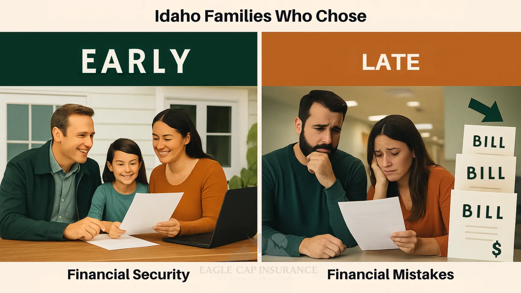 Split image showing Idaho family reviewing life insurance early vs family facing hospital bills after delaying coverage