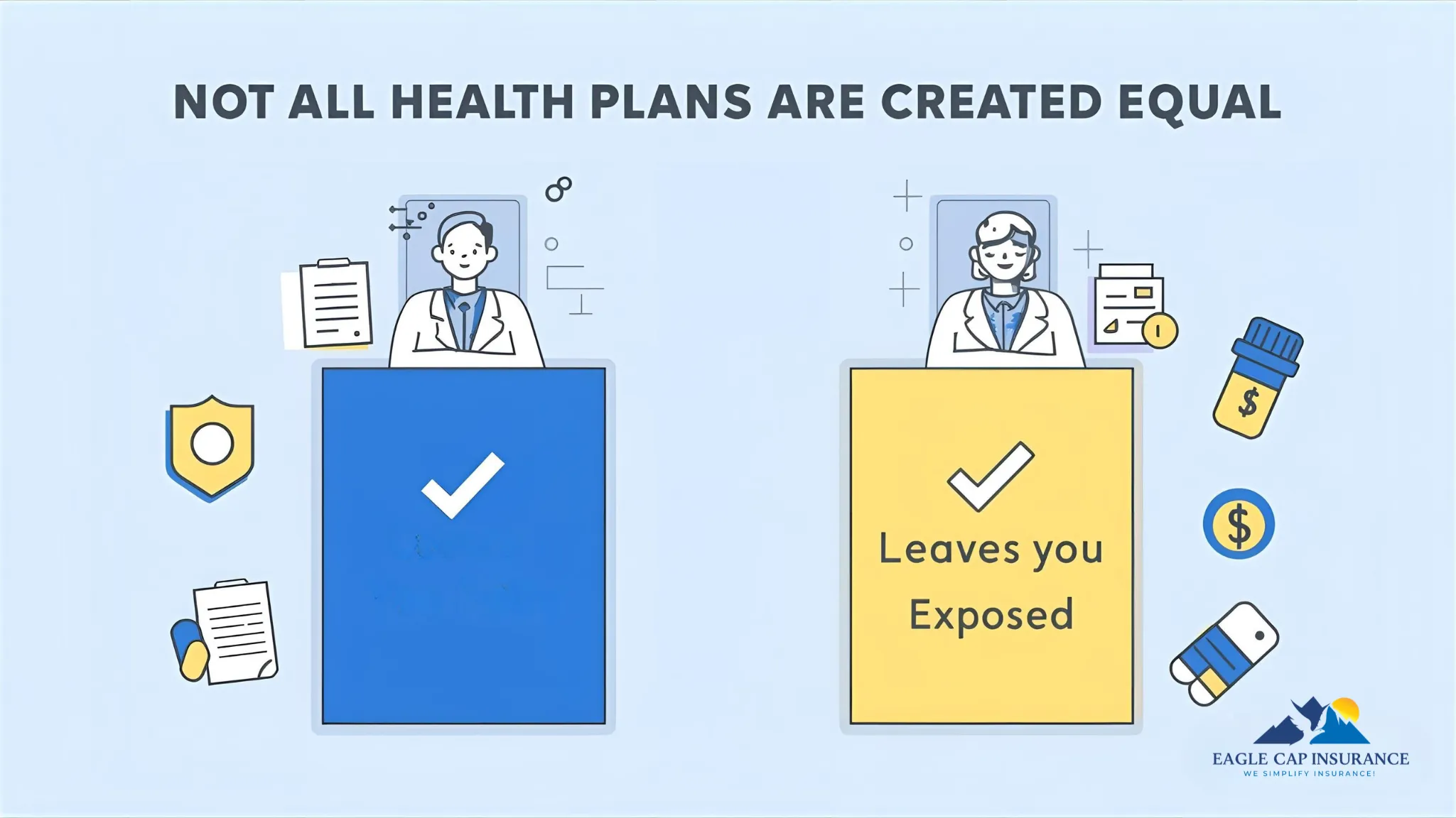 Infographic comparing ACA-compliant vs non-ACA health insurance plans with icons for coverage, prescriptions, deductibles, and medical underwriting. Designed for Idaho Falls families evaluating plan options during open enrollment.