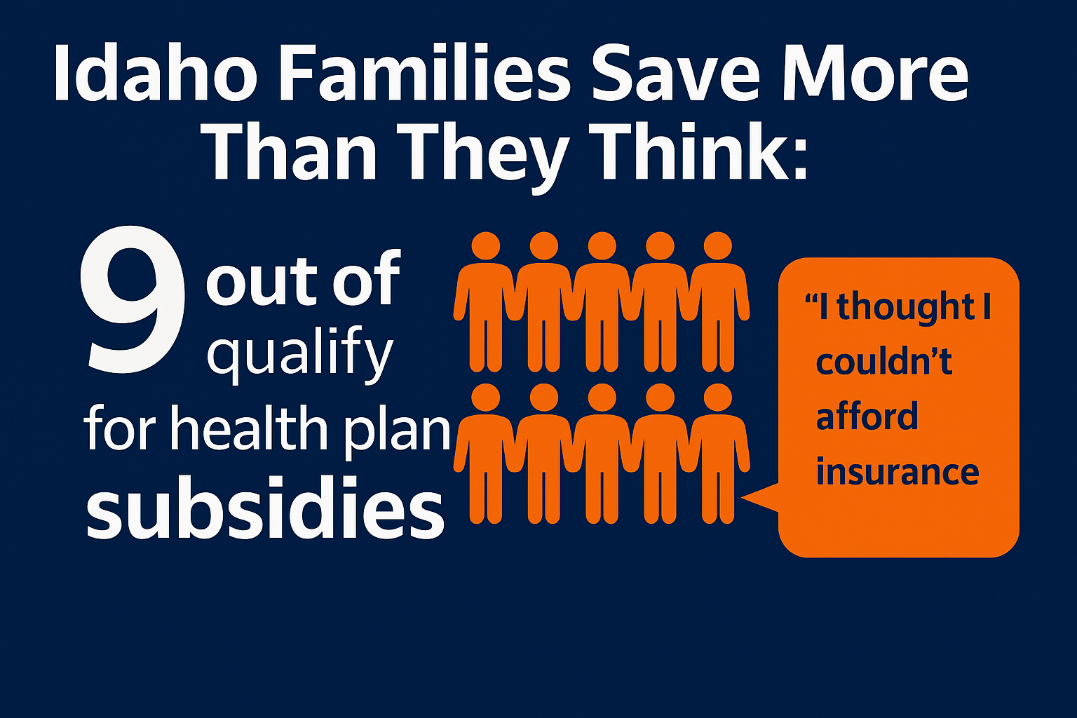 Navy-blue infographic showing 9 out of 10 Idaho families qualify for health insurance subsidies. Includes quote bubble from local Idaho resident, created by Eagle Cap Insurance.