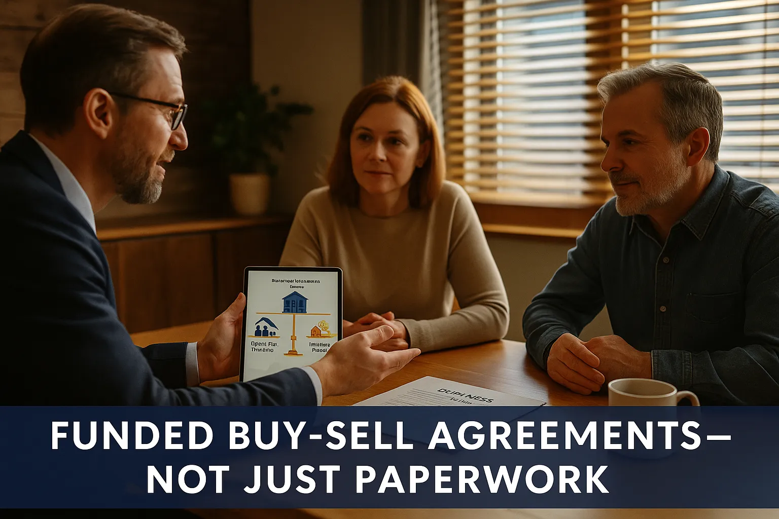 Idaho Falls business partners discussing buy-sell agreements with a financial advisor—explaining insurance-funded succession planning over a digital tablet