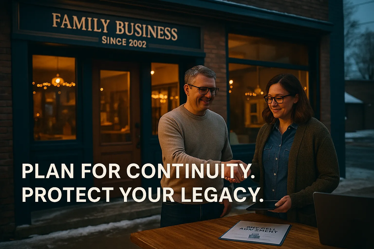 Family business owners in Idaho Falls reviewing buy-sell agreement outside their storefront—highlighting legacy planning with funded business insurance coverage