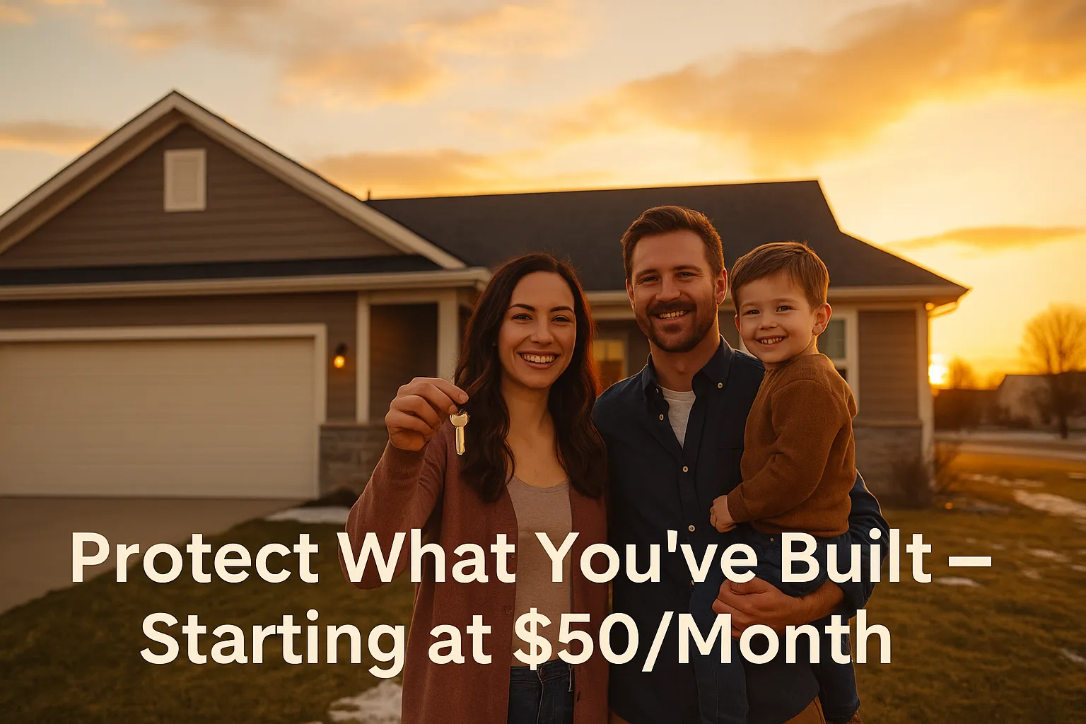 life insurance idaho falls family standing outside new home with affordable mortgage protection coverage starting at 50 dollars per month eagle cap insurance
