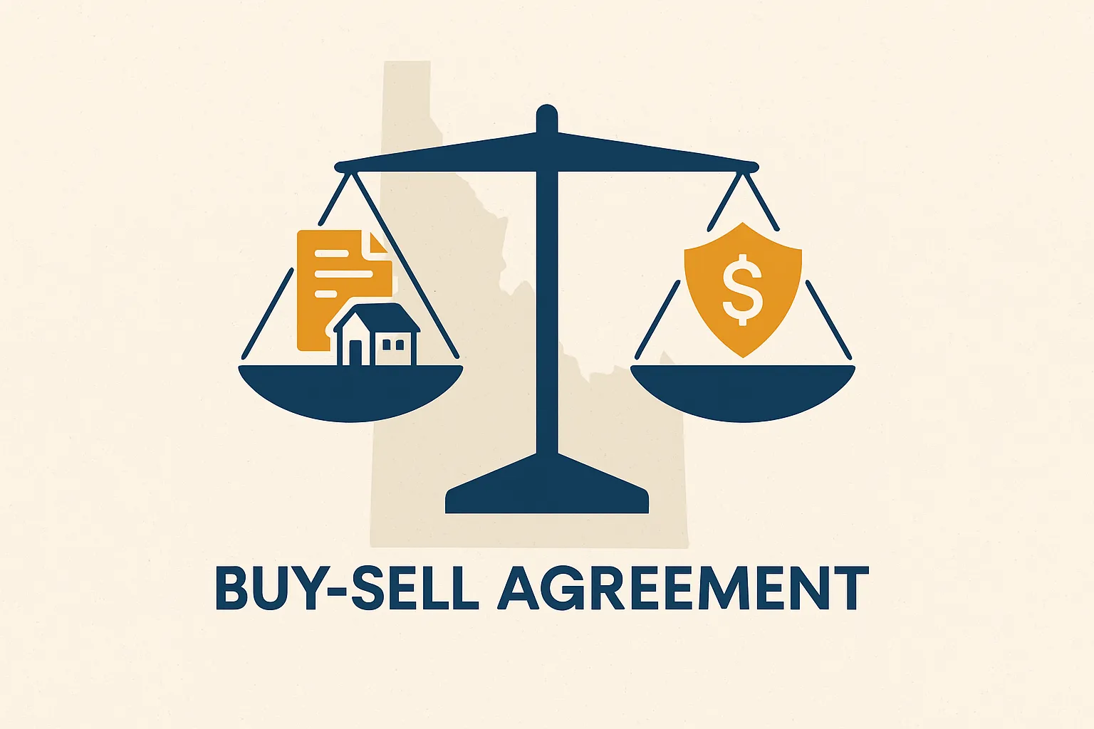 Buy-sell agreement scale illustration with insurance and property icons—visualizing business continuity planning for LLC partners in Idaho Falls