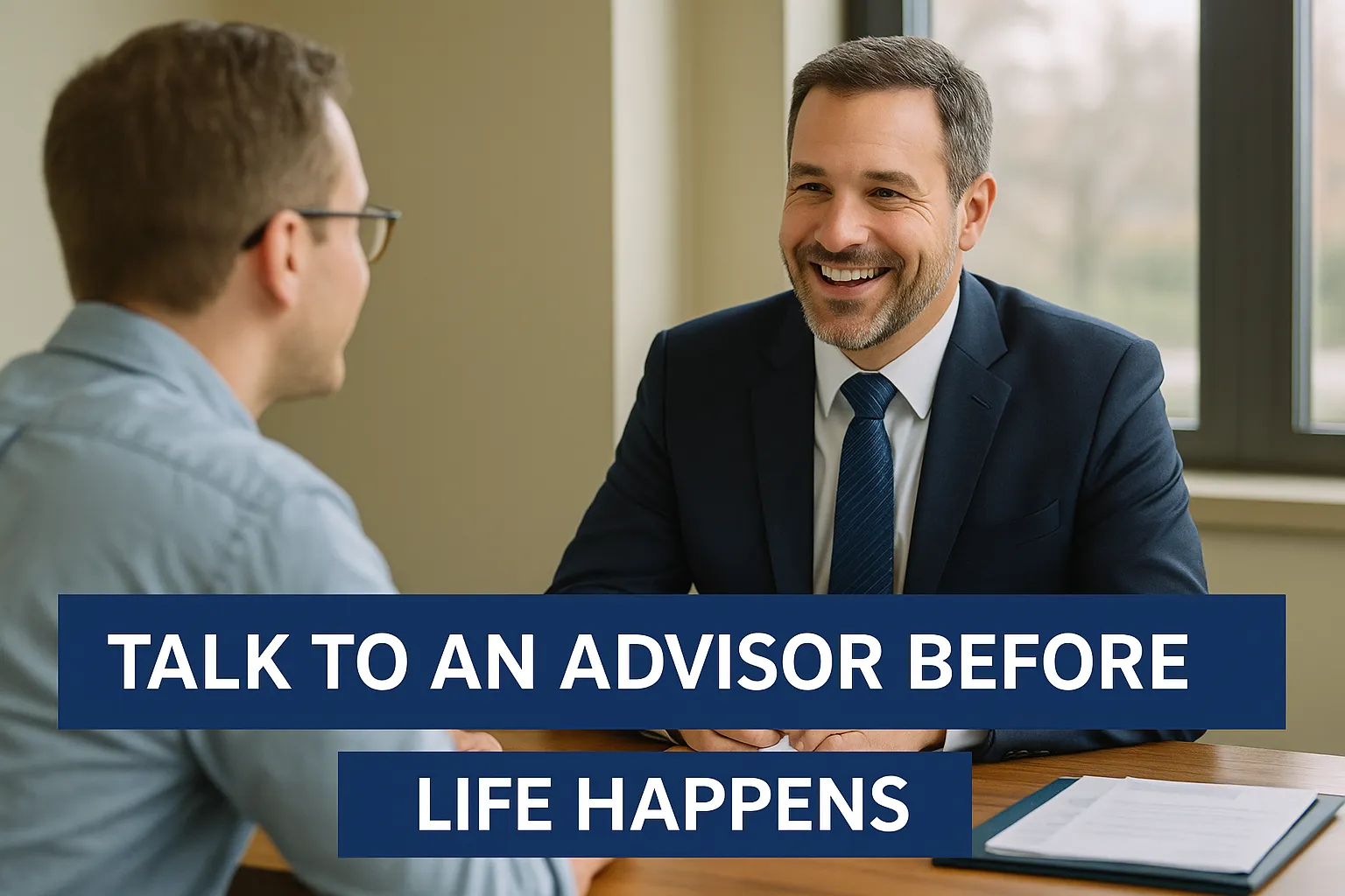 insurance advisor meeting client in idaho office discussing disability insurance and business income protection with text talk to an advisor before life happens