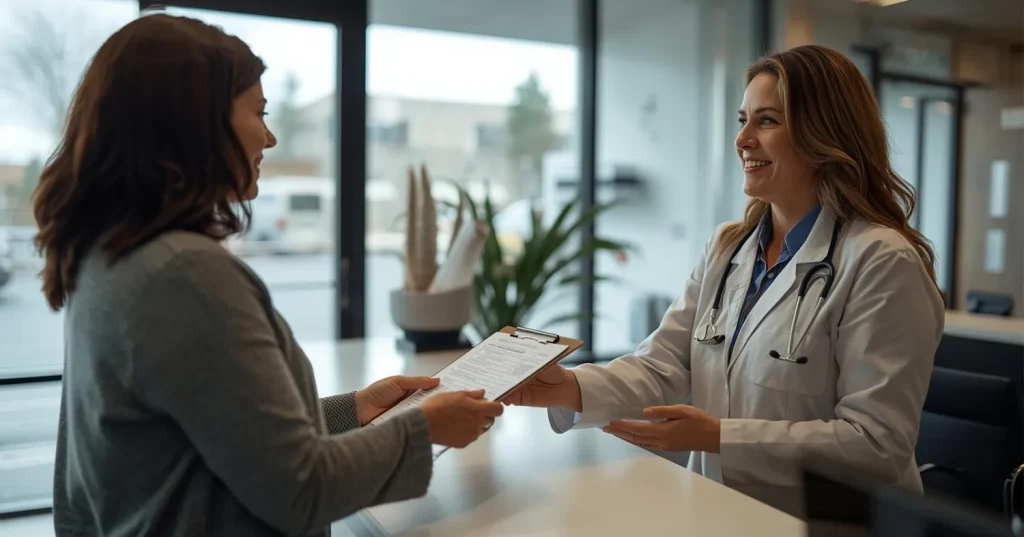 health insurance idaho falls patient checking in at local clinic with insurance forms